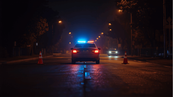 Imagen realista generada con IA de un control policial nocturno en una calle urbana