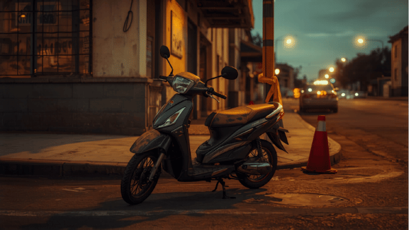 Imagen realista generada con IA de una moto recuperada en una calle urbana