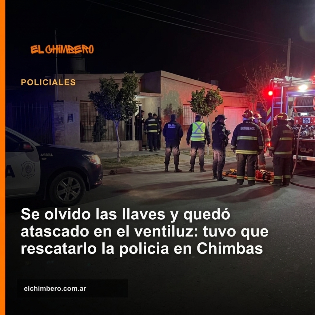 Policia y bomberos rescatan a hombre atascado en ventiluz de bano en Chimbas