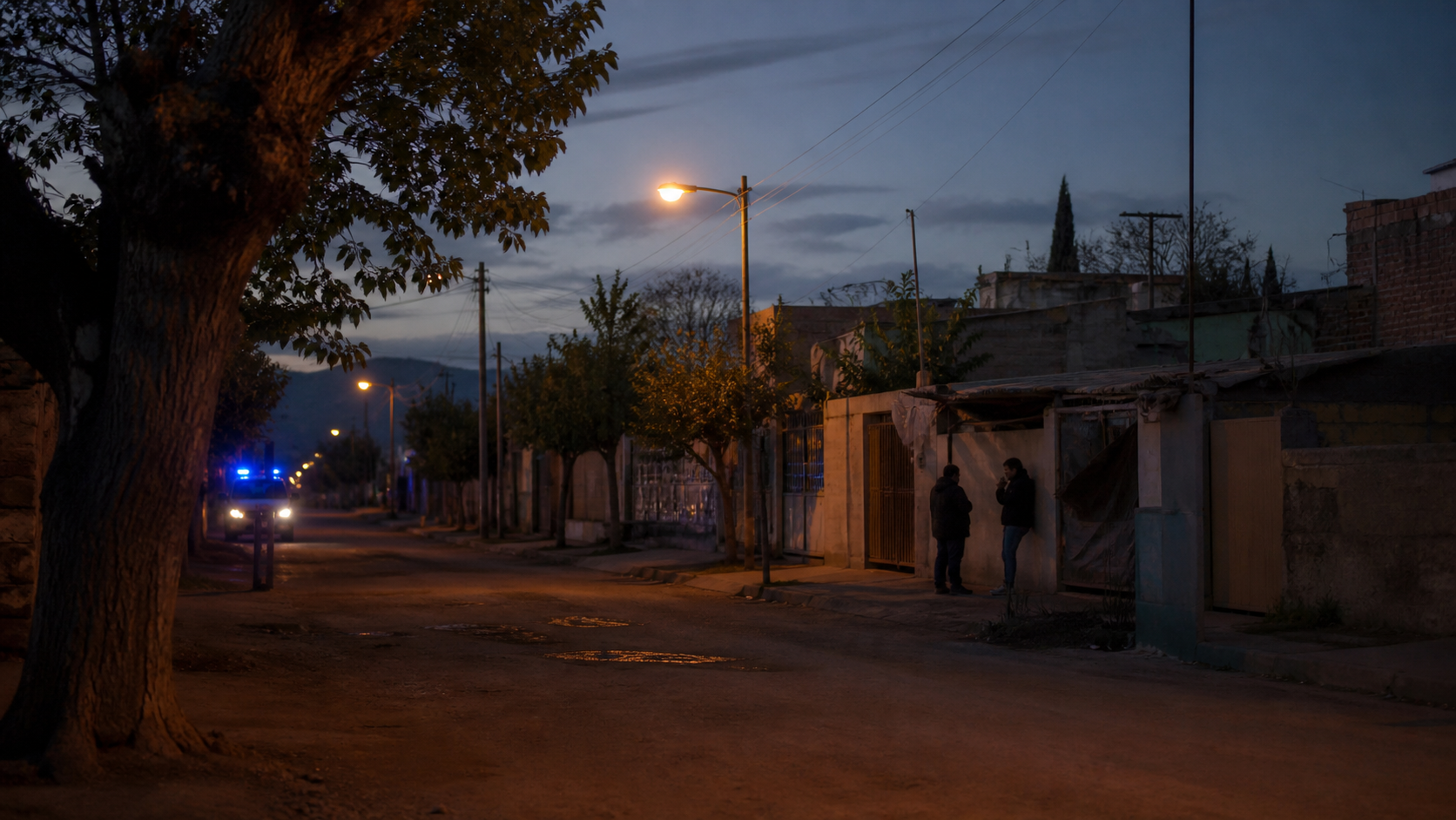 Escena urbana realista de un barrio de San Juan al anochecer, vinculada a una nota de opinion sobre inseguridad, pobreza y politica