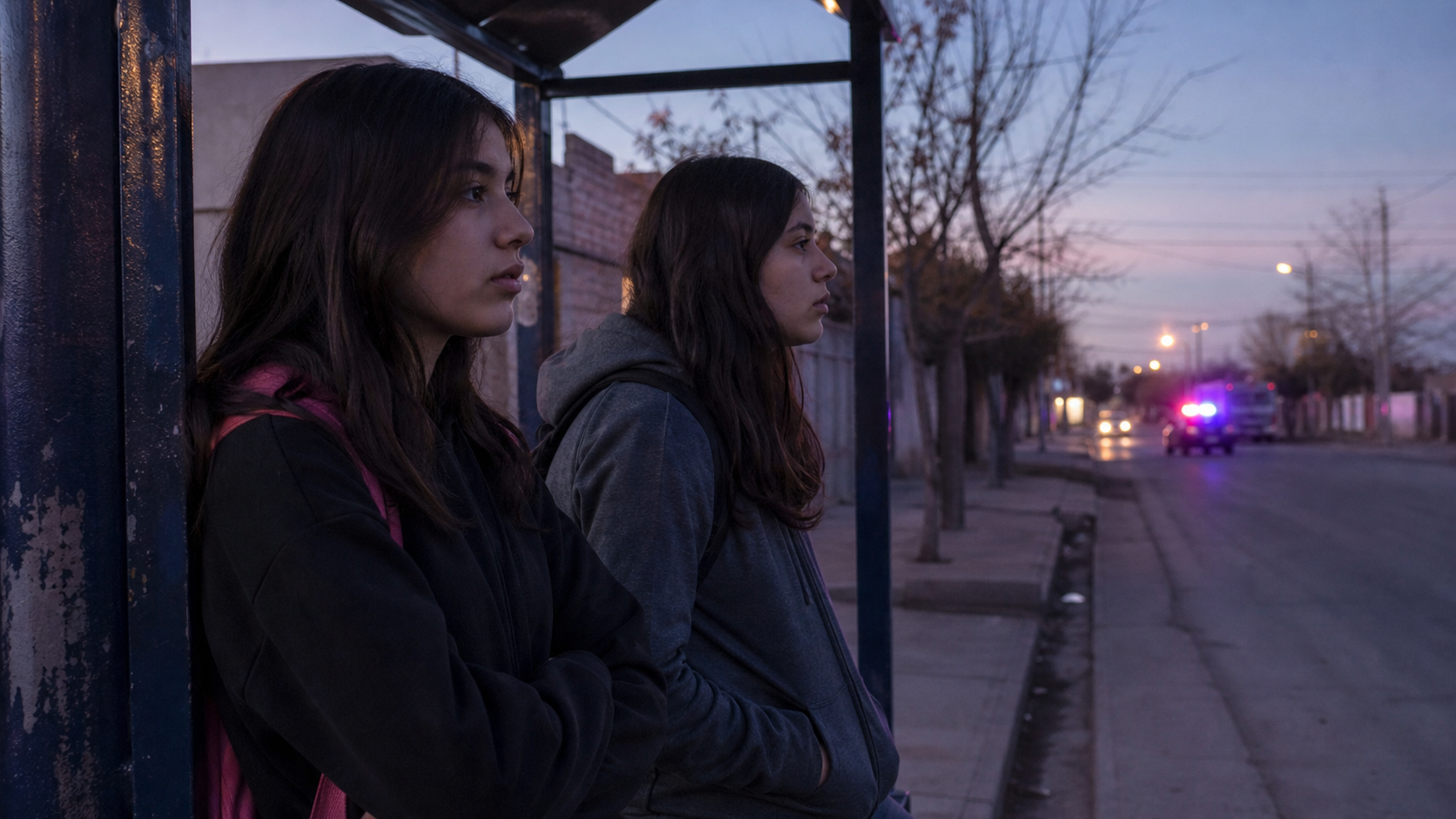 Imagen ilustrativa de dos hermanas esperando en una parada de colectivo en Chimbas