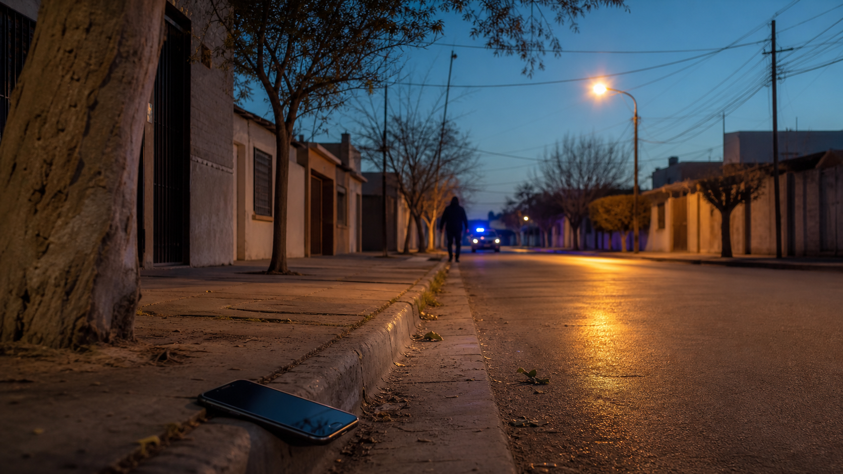Ilustración editorial de una calle de barrio en Chimbas tras un hecho de inseguridad