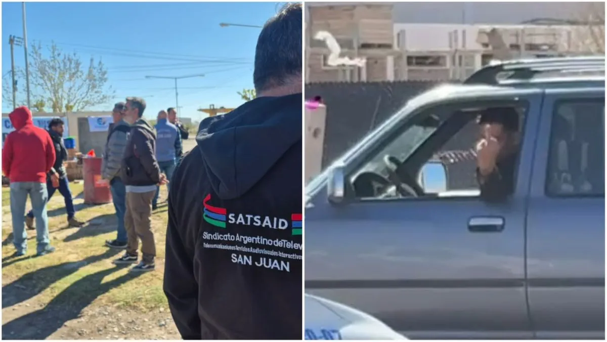 Composición con imágenes de la protesta frente a Bio Cordillerana y de una camioneta al salir del lugar.