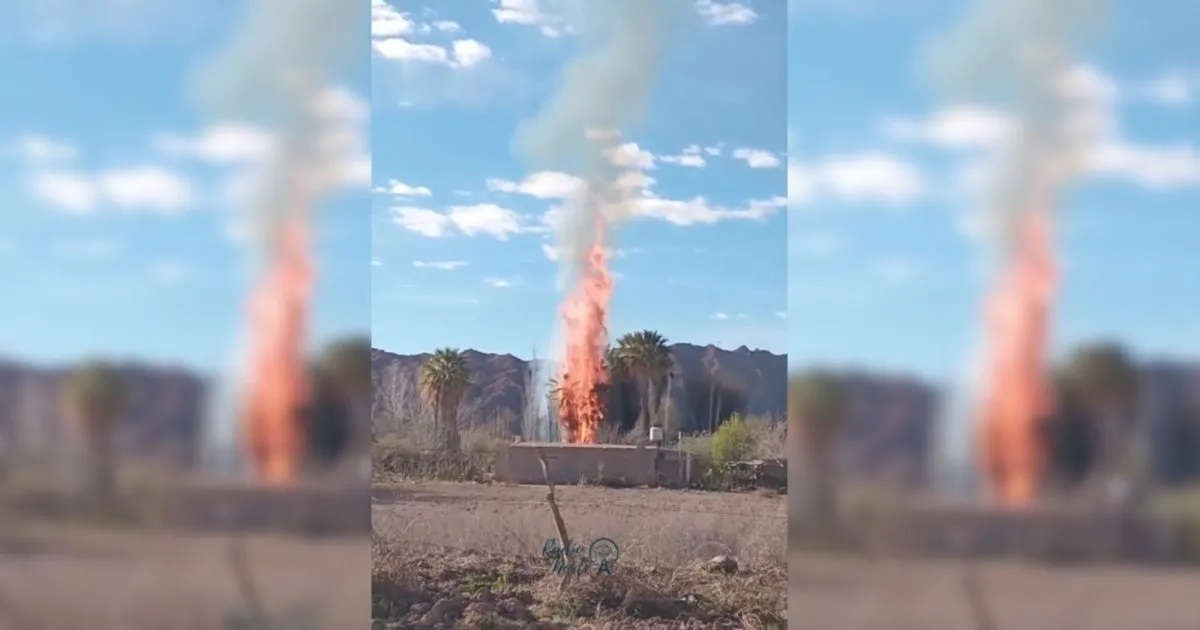Una palmera en llamas y una columna de humo en Huaco