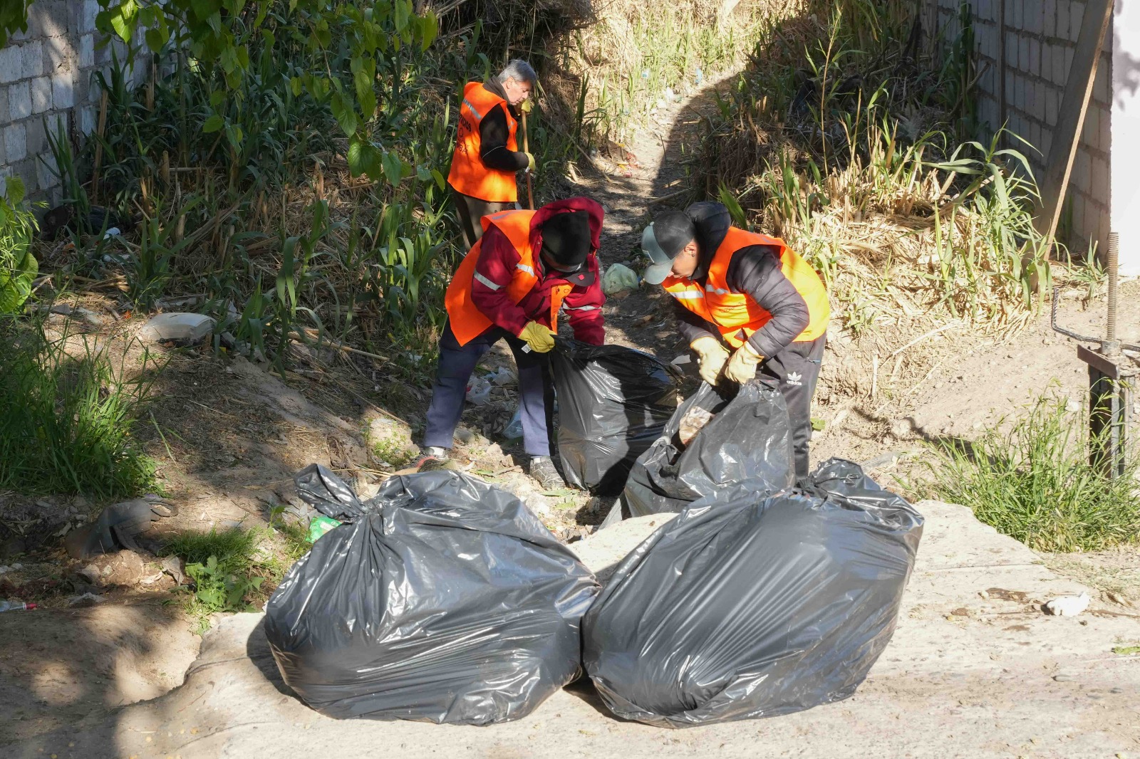 Tres operarios municipales recogen residuos en un sendero de Chimbas