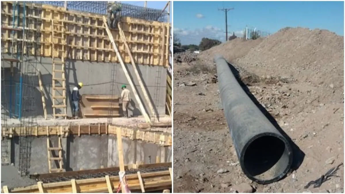 Composición con fotografías de una estructura en construcción y cañerías del acueducto.
