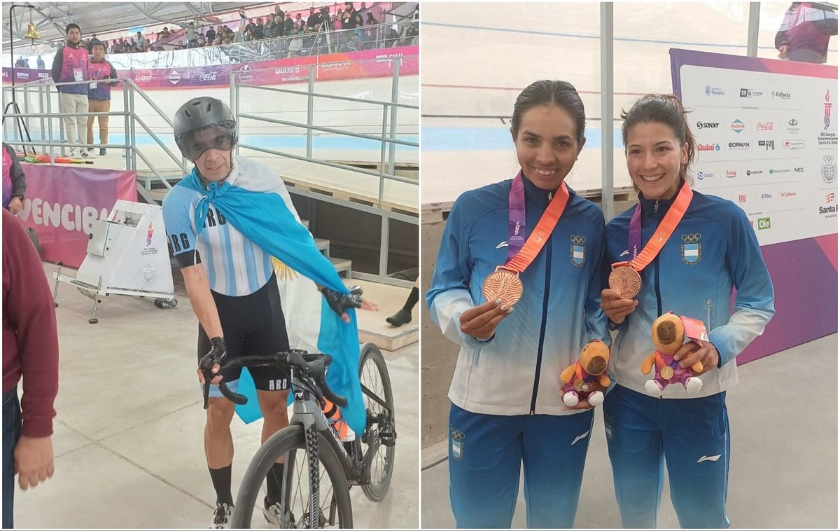 Rubén Ramos con la bandera argentina y las ciclistas argentinas mostrando sus medallas.