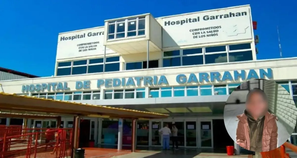 Composición de la fuente con la fachada del Hospital Garrahan y una imagen del niño con el rostro difuminado.