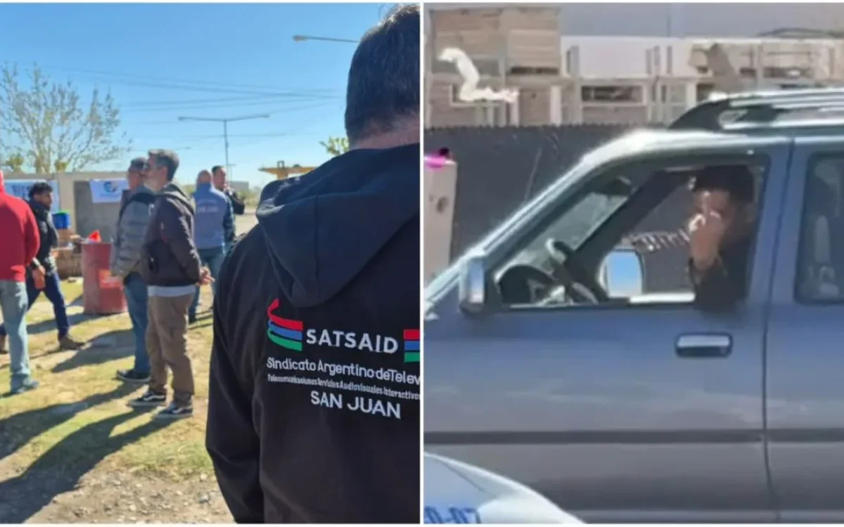 Composición con imágenes de la protesta frente a Bio Cordillerana y de una camioneta al salir del lugar.