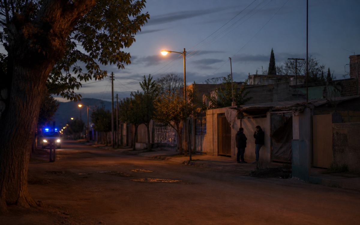 Escena urbana realista de un barrio de San Juan al anochecer, vinculada a una nota de opinion sobre inseguridad, pobreza y politica