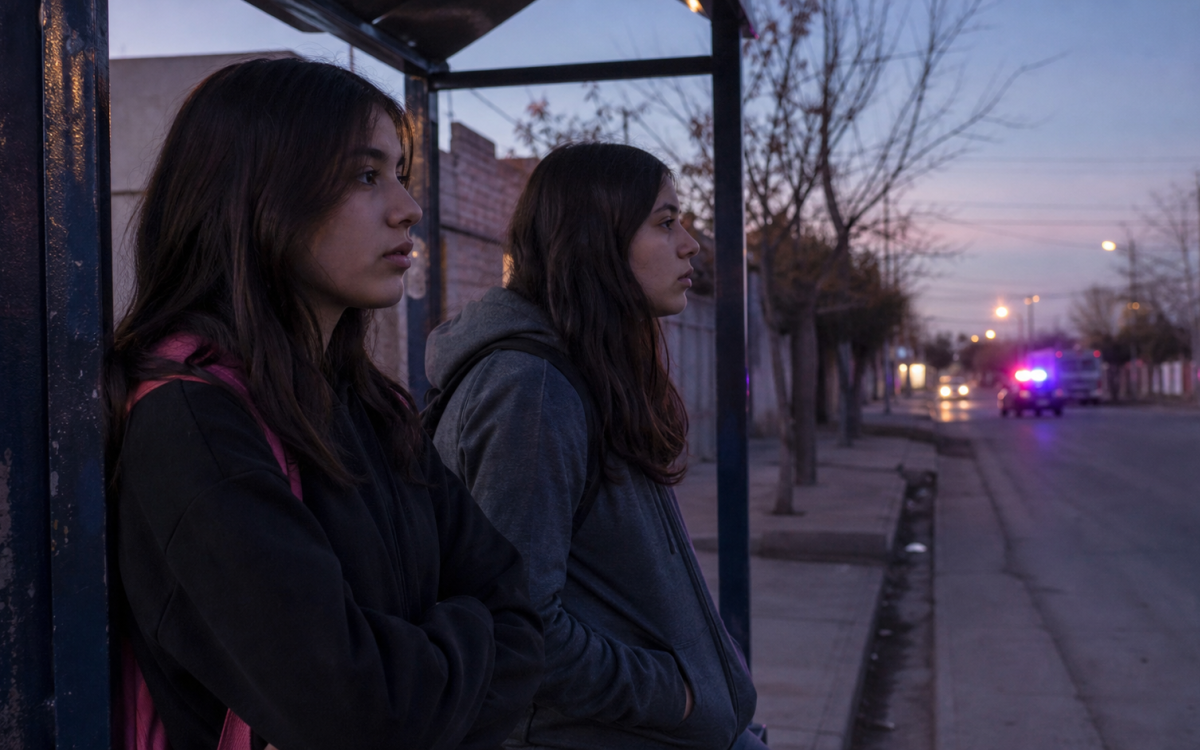 Imagen ilustrativa de dos hermanas esperando en una parada de colectivo en Chimbas