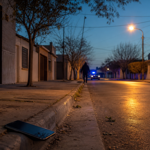 Ilustración editorial de una calle de barrio en Chimbas tras un hecho de inseguridad