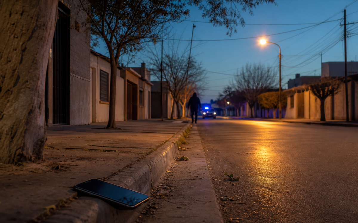 Ilustración editorial de una calle de barrio en Chimbas tras un hecho de inseguridad