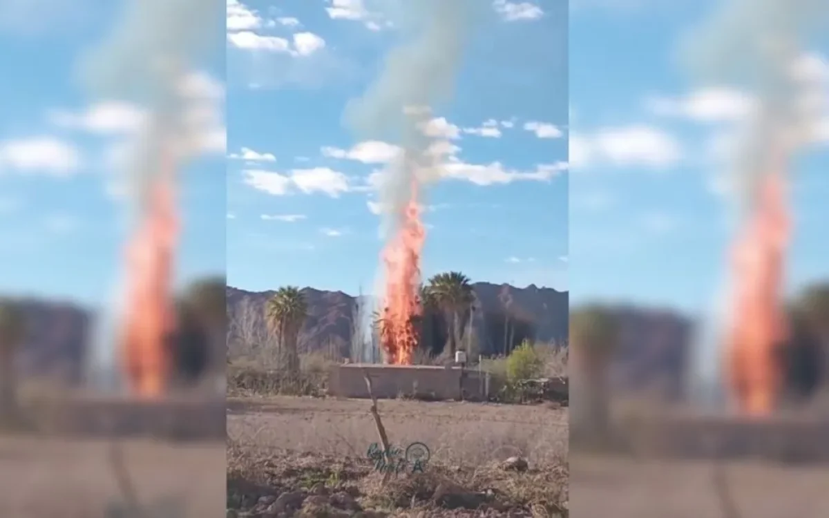 Una palmera en llamas y una columna de humo en Huaco
