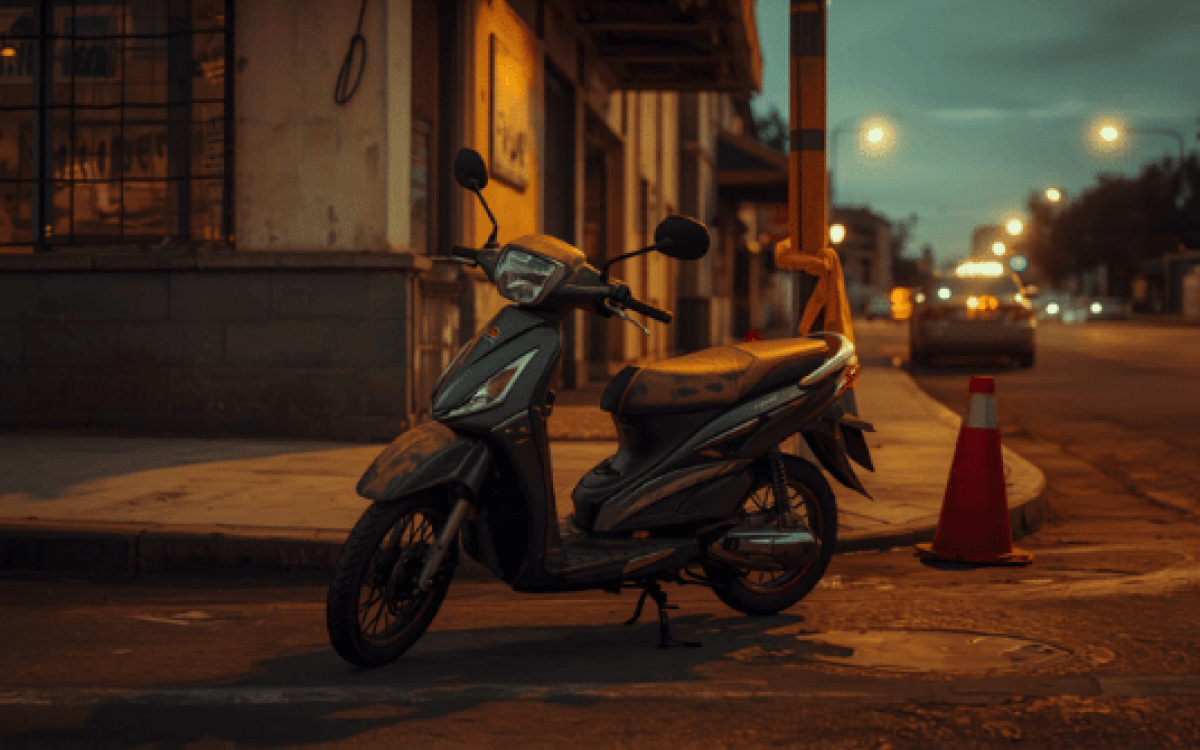 Imagen realista generada con IA de una moto recuperada en una calle urbana