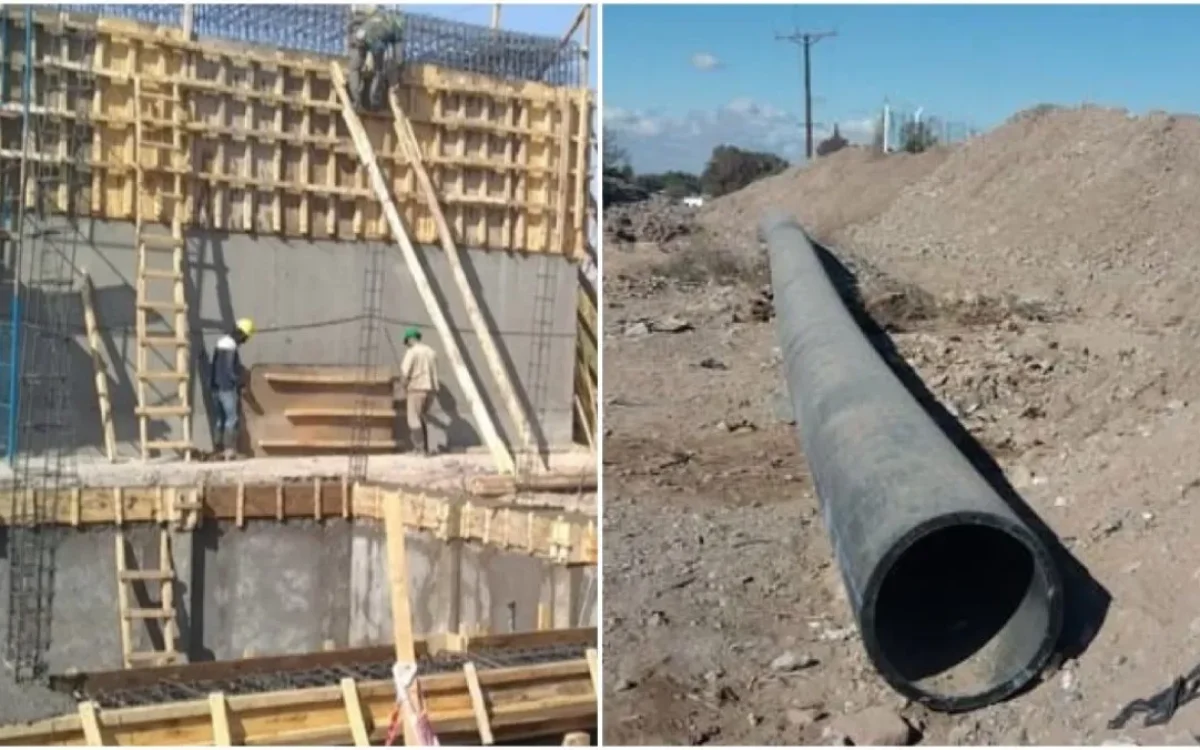 Composición con fotografías de una estructura en construcción y cañerías del acueducto.