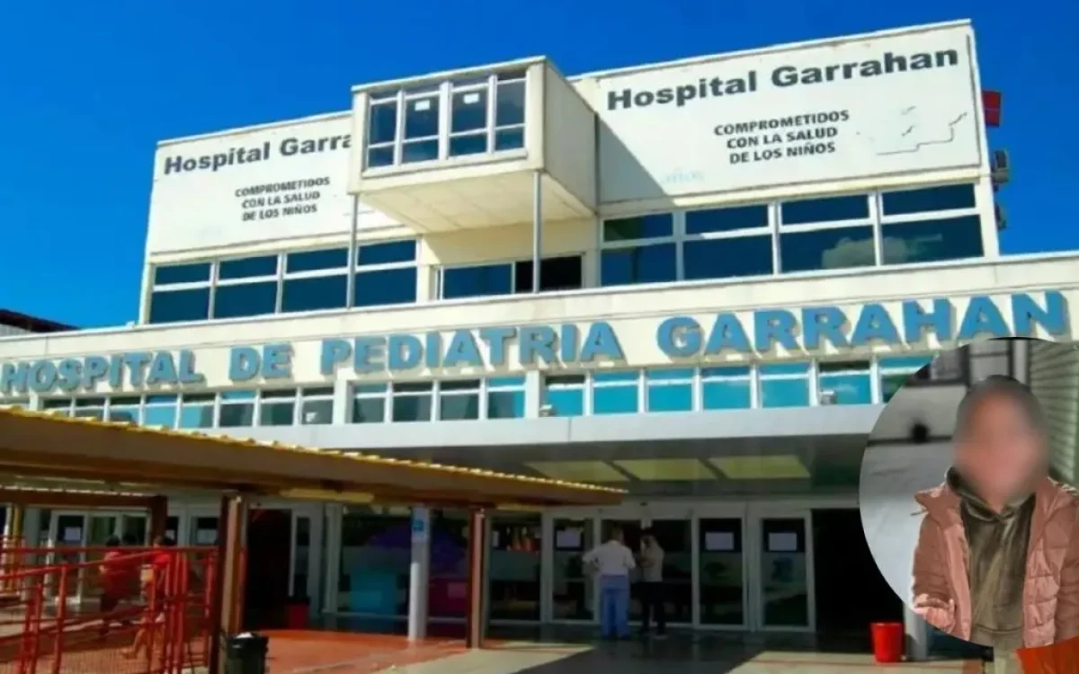 Composición de la fuente con la fachada del Hospital Garrahan y una imagen del niño con el rostro difuminado.